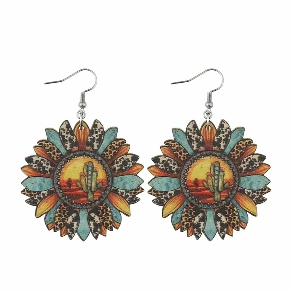 Sunflower Shape Pendant Drop Earrings Leopard Cactus Desert Wood Southwestern